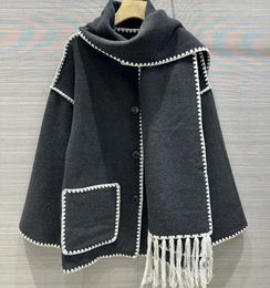 Women's Jackets Scarf Style Woolen Coat French British Old Money Fashionable Lazy Contrasting Color Loose Medium Length