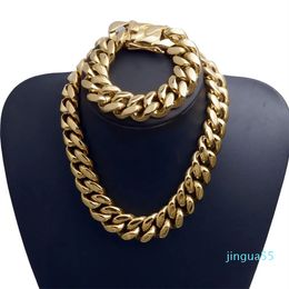 22mm Exaggerated Super-Wide Men Cuban Link Chain Jewlery Set Hip Hop Stainless Steel Choker Necklace Bracelet 18K Gold Plated