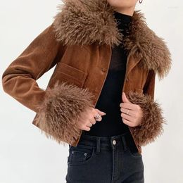 Women's Jackets Faux Fur Collar Jacket Women Retro Maillard Style Design Sweet And Cool Caramel Corduroy Coat Cropped Streetwear