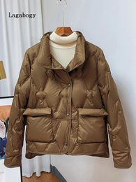 Jackets Lagabogy 2023 New Women Winter Ultra Light Puffer Jacket Short 90% White Duck Down Warm Coat Female Single Breasted Loose Parka