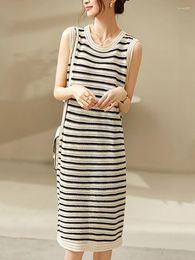 Casual Dresses Simple Summer Knitted Dress For Women 2024 Fashion Loose Straight Sundress Black White Striped O Neck Slit Midi