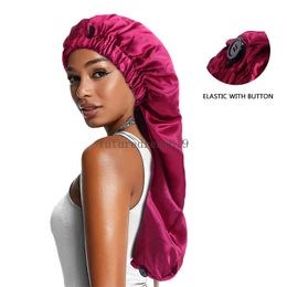 New Women Long Elastic Wide Edge Satin Bonnet Sleep Cap Solid Color Reversible Silky Double Layer Hair Care Sleep Curly Hair