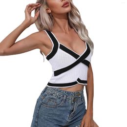 Women's Tanks Streetwear Patchwork Rib Knit Tank Top Women Summer Y2k High Street Korean Fashion Slim Fit Crop Tops V Neck Sleeveless