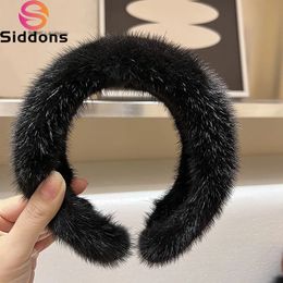 New Winter Real Mink Fur Headband For Women Hair Accessories Solid Head Wraps Warm Furry Gift 240119