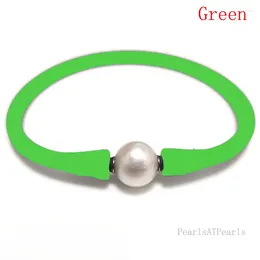 Charm Bracelets 7 Inches 10-11mm One Natural Round Pearl Green Elastic Rubber Silicone Bracelet For Women