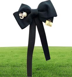 Women Long Ribbon Bow Tie Brooch Number 5 Faux Pearl Lapel Pin PreTied Necktie Neck Ties1772372