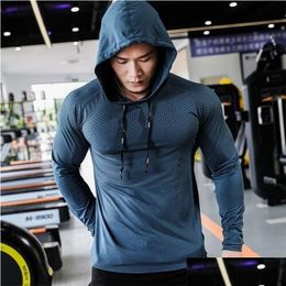 Men'S T-Shirts Mens T-Shirts Fitness Tracksuit Running Sport Hoodie Gym Joggers Hooded Outdoor Workout Athletic Clothing Muscle Traini Dhqy6