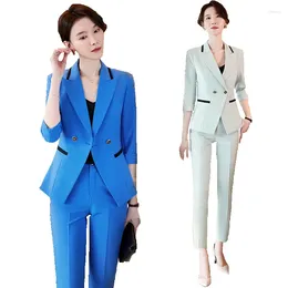 Women's Two Piece Pants Formal Women Business Suits With And Jackets Coat OL Style Half Sleeve Elegant Professional Blazers Pantsuits