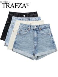 Women's Shorts TRAFZA 2023 New Fashion Woman's Elegant Street Style Multicolor Jeans Women's Slim Back Pocket Button Decorate Denim ShortsL240119