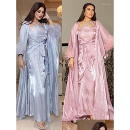 Ethnic Clothing Morocco Muslim Dress 3 Piece Set Abaya Kaftans Feather Evening Dresses Women Dubai Turkey Islam Long Robe Drop Delive Dhtgw