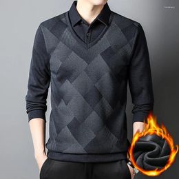 Men's Polos Fashion Brand Polo Shirt Block Graphic Long Sleeve Fleece Winter And Autumn Warm Clothing Korean Style For Men