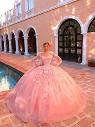 Rosa 3d flor apliques vestidos de pescoço quadrado manga longa princesa doce 15 vestido glitter vestido de baile vestidos de quinceanera 326 326