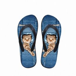 Customised Cute Pet Denim Cat Printed Women Slippers Summer Beach Rubber Flip Flops Fashion Girls Cowboy Blue Sandals Shoes K05B#