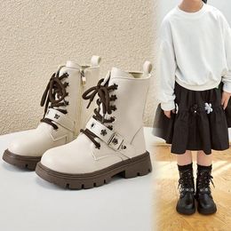 Boots British Style Children Leather For Girls High Top Knight Fashion Trend Non-slip Side Buckle Kids Casual Shoes