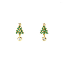 Stud Earrings 999 Pure Silver For Women Christmas Tree Girls Zircon Green