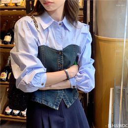 Women's Blouses Faux Two Piece Design Patchwork Striped Shirts Women Chic Korea Short Crop Tops Long Sleeve Slim Fitted Button Blouse Shirt