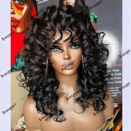 Peruvian Human Hair 13x4 Lace Front Wig Wand Loose Curls Jet Black Human Hair Fringe 5X5 HD Lace Closure Black Women Wigs