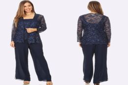 Navy Blue Lace Mother Of The Bride Pant Suits Three Pieces Sequined Wedding Guest Dress Chiffon Plus Size Mothers Groom Dresses7175812