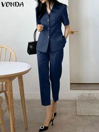 Dress Elegant Women Solid Colour Pant Sets 2023 VONDA Summer Short Sleeve VNeck Top and Wide Leg Pants Casual Suits OL 2pcs Streetwear