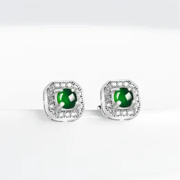 Stud Earrings 925 Silver Natural Green Jadeite Beads Square Stub Lucky Earring Certificate Luxury Jade Gem Woman's Bridal Ear Jewelry