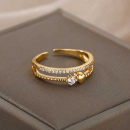 Band Rings Fashionable Zircon Heart Ring Womens Stainless Steel Gold Open Adjustable Double Stacked RWedBride Jewellery J240516