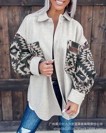 Women's Jackets Casual Loose Lapel Buttoned Street Outerwear Tops Printed Stitching Woolen Coat Women Autumn Winter Jacket Office Lady