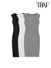 Casual Dresses Women Fashion Striped Fitted Knit Midi Dress Vintage Diagonal Collar Sleeveless Female Vestidos Mujer