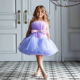 Girl Dresses Elegant Sleeveless Flower Tulle Puffy For Wedding Princess Knee Length First Communion Ball Gowns With Bow