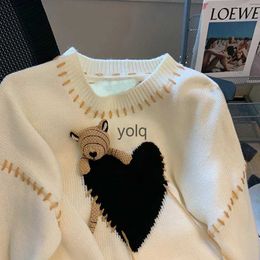 Women's Sweaters 2024 Autumn Winter Bear Heart Pattern Sweater Vintage O-neck Pullovers Harajuku Jumper Tops Loose Sweet Cute Knitting Casual Topyolq