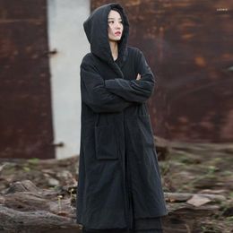 Women's Trench Coats Johnature Women Black Hooded Long Sleeve Parkas Warm Winter 2024 Female Chinese Style Bandage