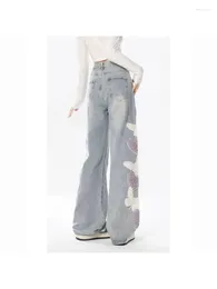 Women's Jeans American Butterfly Embroidered High Waisted For Autumn Winter Design Straight Tube Loose Slim Wide Leg Mop Pants