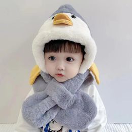 Bandanas Baby Hat Cute Cartoon Winter Children's Scarf Plus Velvet Padded Hooded Kid Penguin Warm Set 1-6Years