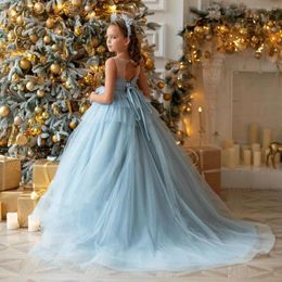 Girl Dresses Blue Tulle Flower For Wedding Sleeveless Bow Floor Length Children First Communion Princess Party Dress Ball Gown