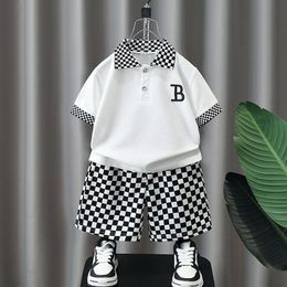 kids designer clothes boy Clothing Sets summer short sleeve polo shirt plaid shorts set