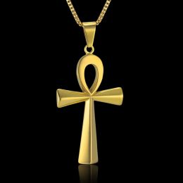 Egyptian Ankh Cross Pendant Necklace 19" 22" 24" 14k Yellow Gold Necklace for Women Egypt Jewelry