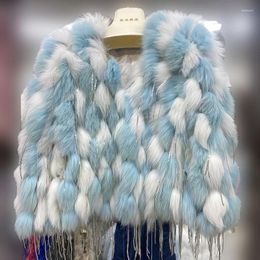Women's Fur Winter Striped Sewed Genuine Mink Beaded Tassels Jacket Sequined Fluffy Coat Flocking Cardigan Hairy Tops