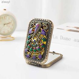 2PCS Mirrors Vintage 2-face Folded Pocket Mirror Hollow-out Carving Rhinestone Peacock Mirror with Gift Box Portable Makeup Mirror