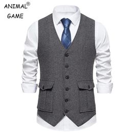 Mens Vintage Suit Vest V Neck Casual Wool Waistcoat for Wedding Groomsmen 240119