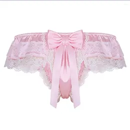 Underpants Men Lace See-Through Sissy Panties Sexy Satin G-String Thong U Convex For Man Briefs Breathable Gay Bikini Underwear