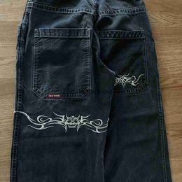 Мужские джинсы JNCO Jeans Y2K Мужские мешковатые джинсы в стиле хип-хоп с ретро-графикой и вышивкой Черные брюки Новые широкие брюки в стиле Харадзюку в готическом стиле с высокой талиейsephemeralew