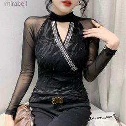 Women's Blouses Shirts #8366 Black Purple Mesh T Shirt Women Long Sleeve Wrap Tshirt Diamonds Hollow Out Sexy Tight Tee Turtleneck Basic T-shirt Spring YQ240119