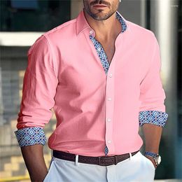 Men's Casual Shirts 2024 Business Lapel Button Spliced Shirt Pink Blue White Daily Vacation Comfortable Top Plus Size S-6XL