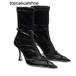 JC Jimmynessity Choo Style Punk High-quality New Buckle Elastic Boots Short Thin High Heel Pointed Toe Sexy Black Winter Pumps Womens Shoes Big Size