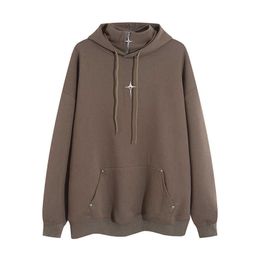 High Necked Hoodie for Men Trendy Brand Simple and Personalised Metal Decoration Vibe Autumn Winter Long Sleeved