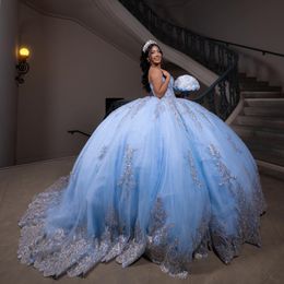 Sky Blue Shiny Quinceanera Dresses Sequined Off Shoulder Ball Gown Sweep Train Applique Lace Beads Tulle Vestidos De 15 Anos Sweet 16