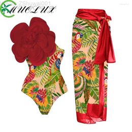 Women's Swimwear MUOLUX 2023 Vintage Print Push Up One Piece Swimsuit Dress 3D Flower Bikini Cover Fashion Monokini Women Beachwear ON38