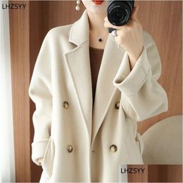 Womens Wool Blends Lhzsyy Doublesided Woollen Cashmere Coat Ladies 23Winter Cardigan Laced Loose Overtheknee Jacket Highend Long Drop D Dhxhf