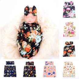 newborn baby flower swaddle rabbit ear bow headband+rose swaddle cloth 2pc/set floral printing receiving blankets BJ