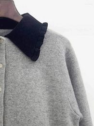 Women's Knits Autumn And Winter Grey Coat French Fashion Colour Contrast Polo Short Knitted Long Sleeve Women