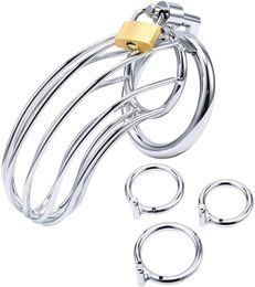 Male Chastity Device Cock Cage with 3 Sizes of Rings, Premium Metal Silver Locked Cage Adult Sex Toy for Men, Lock and 3 Keys Included